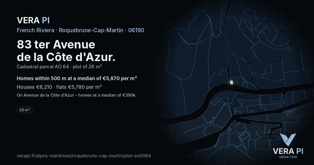 83 ter Avenue de la Côte d'Azur, Roquebrune-Cap-Martin at night – the plot lit, the parcels around coloured by the prices near them