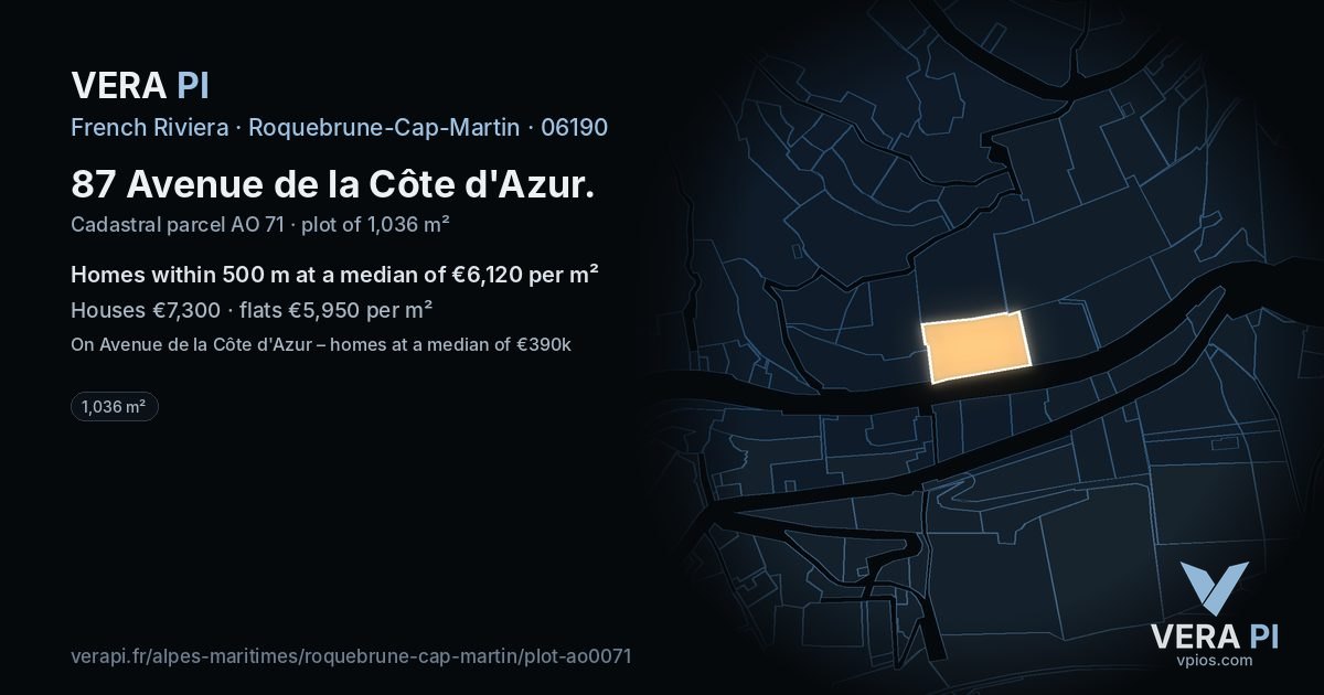 87 Avenue de la Côte d'Azur, Roquebrune-Cap-Martin at night – the plot lit, the parcels around coloured by the prices near them