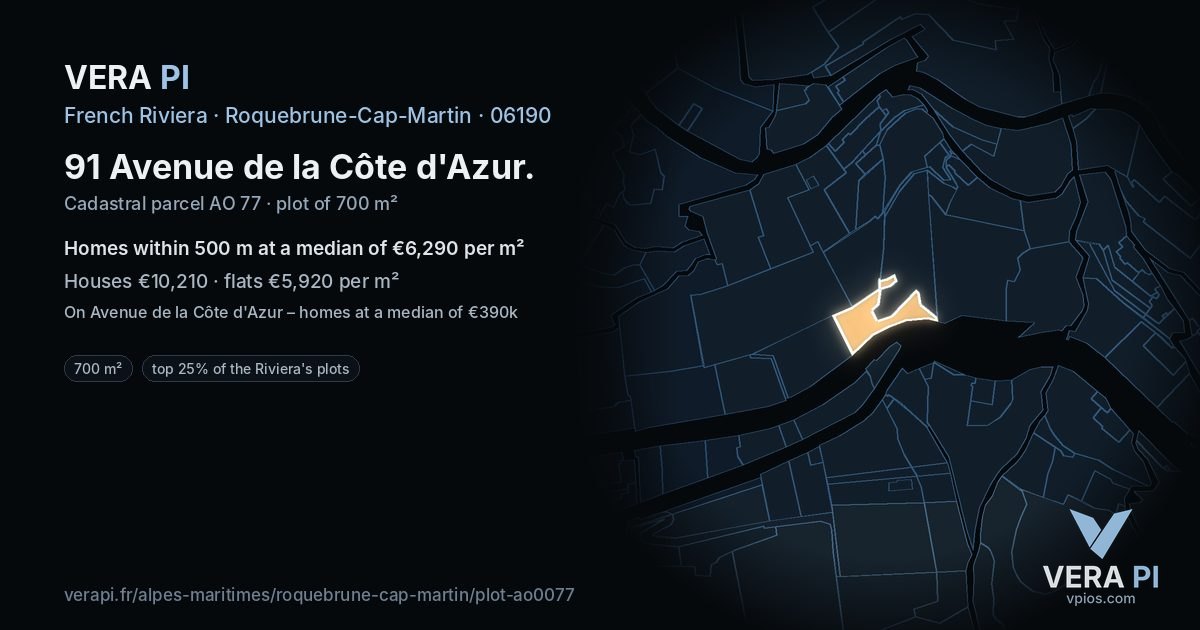 91 Avenue de la Côte d'Azur, Roquebrune-Cap-Martin at night – the plot lit, the parcels around coloured by the prices near them
