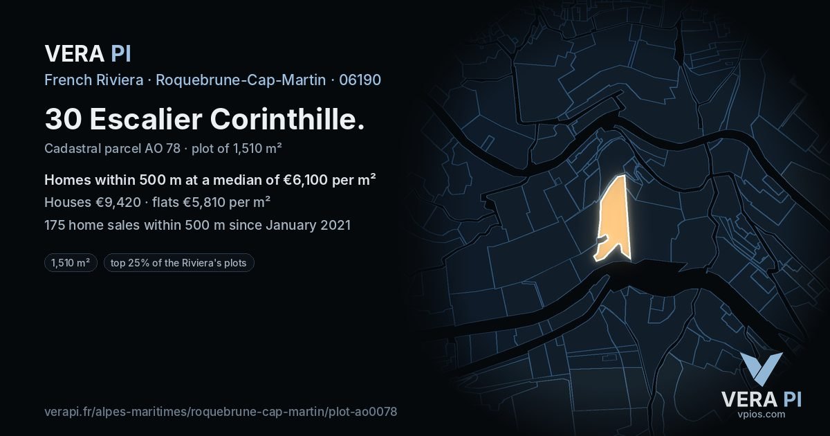 30 Escalier Corinthille, Roquebrune-Cap-Martin at night – the plot lit, the parcels around coloured by the prices near them