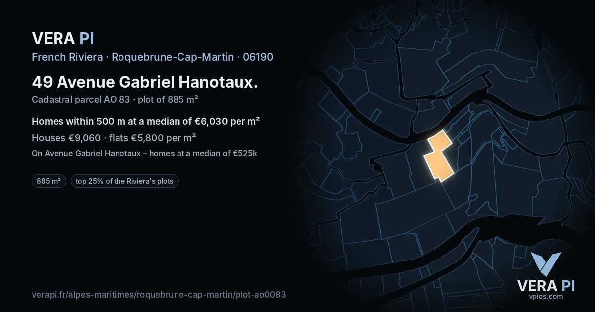 49 Avenue Gabriel Hanotaux, Roquebrune-Cap-Martin at night – the plot lit, the parcels around coloured by the prices near them
