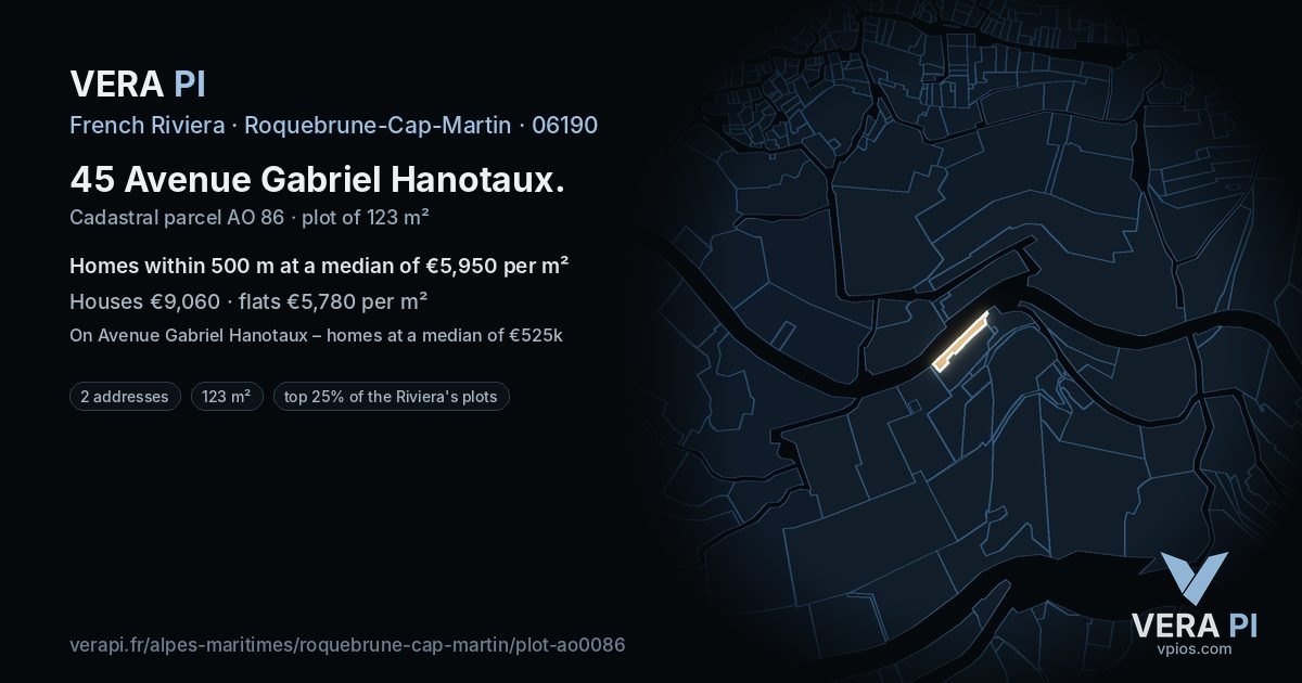 45 Avenue Gabriel Hanotaux, Roquebrune-Cap-Martin at night – the plot lit, the parcels around coloured by the prices near them