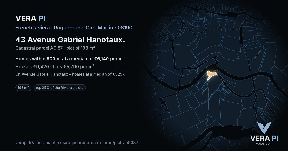 43 Avenue Gabriel Hanotaux, Roquebrune-Cap-Martin at night – the plot lit, the parcels around coloured by the prices near them