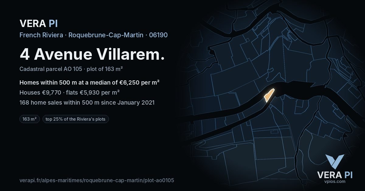 4 Avenue Villarem, Roquebrune-Cap-Martin at night – the plot lit, the parcels around coloured by the prices near them