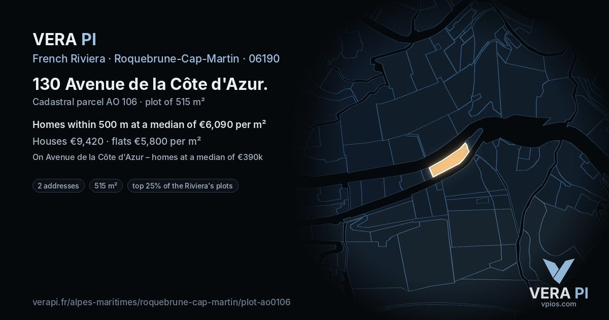 130 Avenue de la Côte d'Azur, Roquebrune-Cap-Martin at night – the plot lit, the parcels around coloured by the prices near them