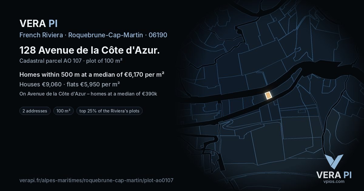 128 Avenue de la Côte d'Azur, Roquebrune-Cap-Martin at night – the plot lit, the parcels around coloured by the prices near them