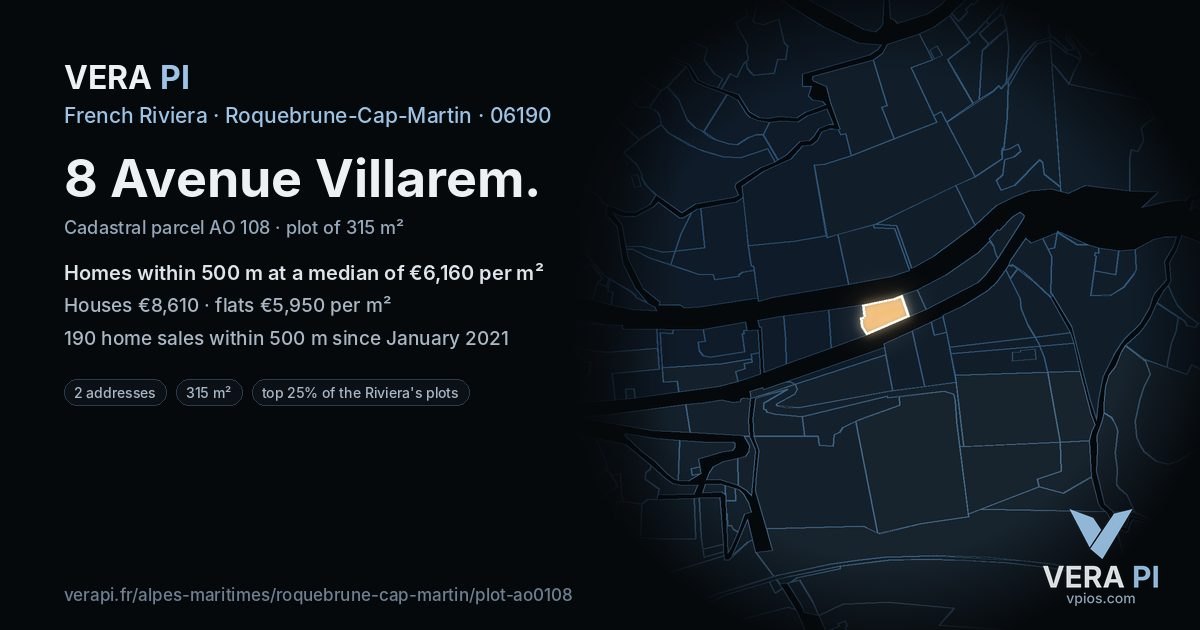 8 Avenue Villarem, Roquebrune-Cap-Martin at night – the plot lit, the parcels around coloured by the prices near them