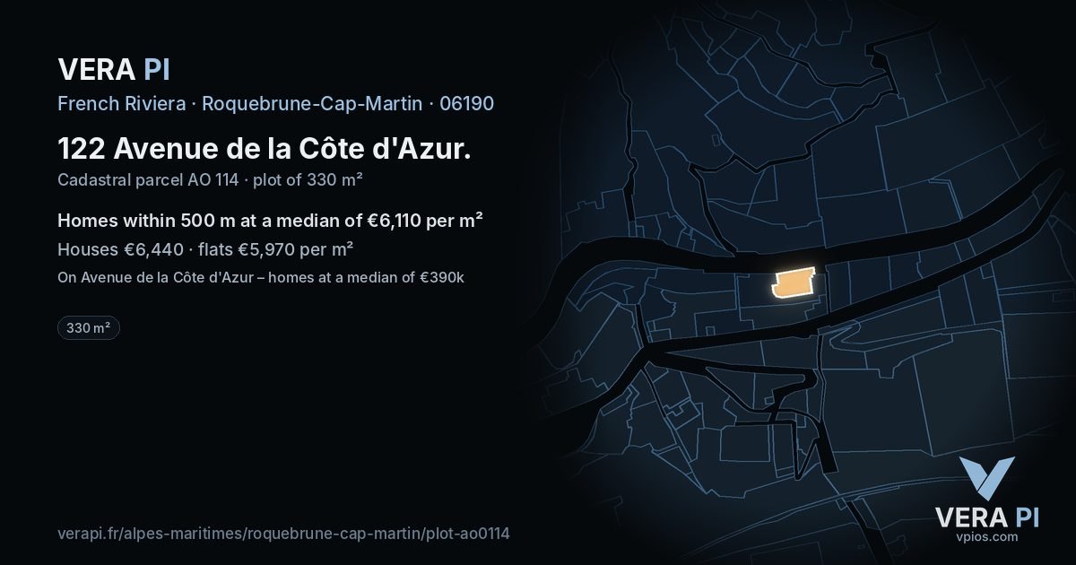 122 Avenue de la Côte d'Azur, Roquebrune-Cap-Martin at night – the plot lit, the parcels around coloured by the prices near them