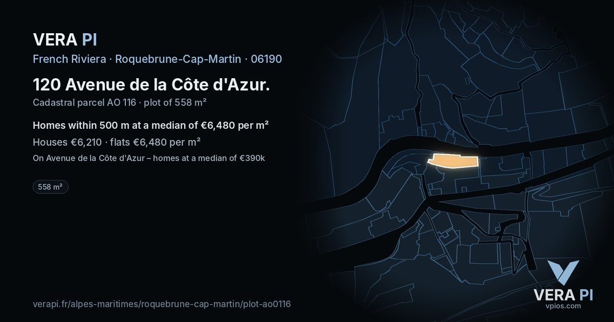 120 Avenue de la Côte d'Azur, Roquebrune-Cap-Martin at night – the plot lit, the parcels around coloured by the prices near them