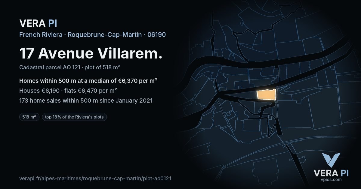 17 Avenue Villarem, Roquebrune-Cap-Martin at night – the plot lit, the parcels around coloured by the prices near them