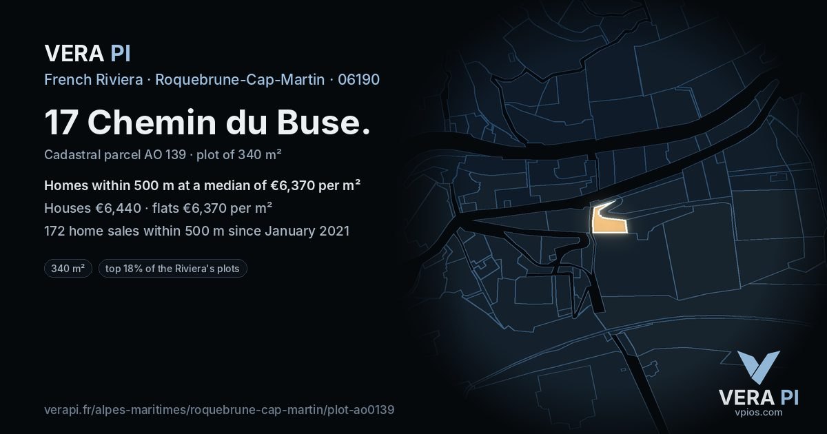 17 Chemin du Buse, Roquebrune-Cap-Martin at night – the plot lit, the parcels around coloured by the prices near them