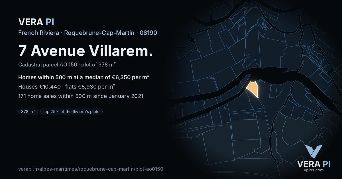 7 Avenue Villarem, Roquebrune-Cap-Martin at night – the plot lit, the parcels around coloured by the prices near them