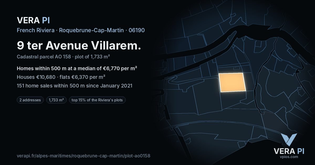 9 ter Avenue Villarem, Roquebrune-Cap-Martin at night – the plot lit, the parcels around coloured by the prices near them