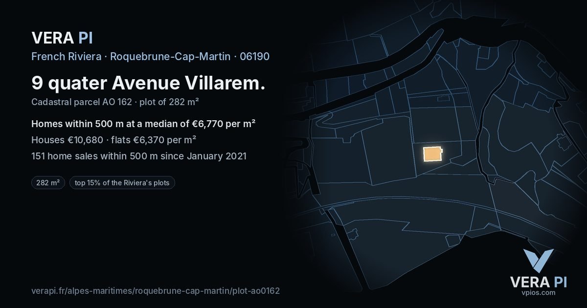 9 quater Avenue Villarem, Roquebrune-Cap-Martin at night – the plot lit, the parcels around coloured by the prices near them