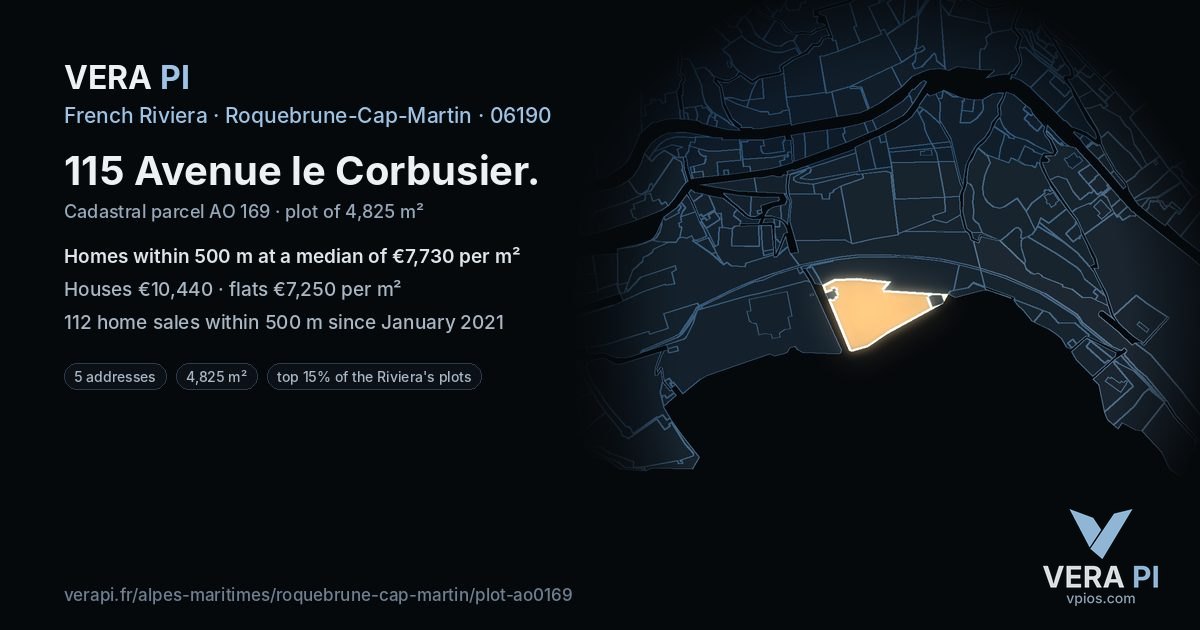 115 Avenue le Corbusier, Roquebrune-Cap-Martin at night – the plot lit, the parcels around coloured by the prices near them