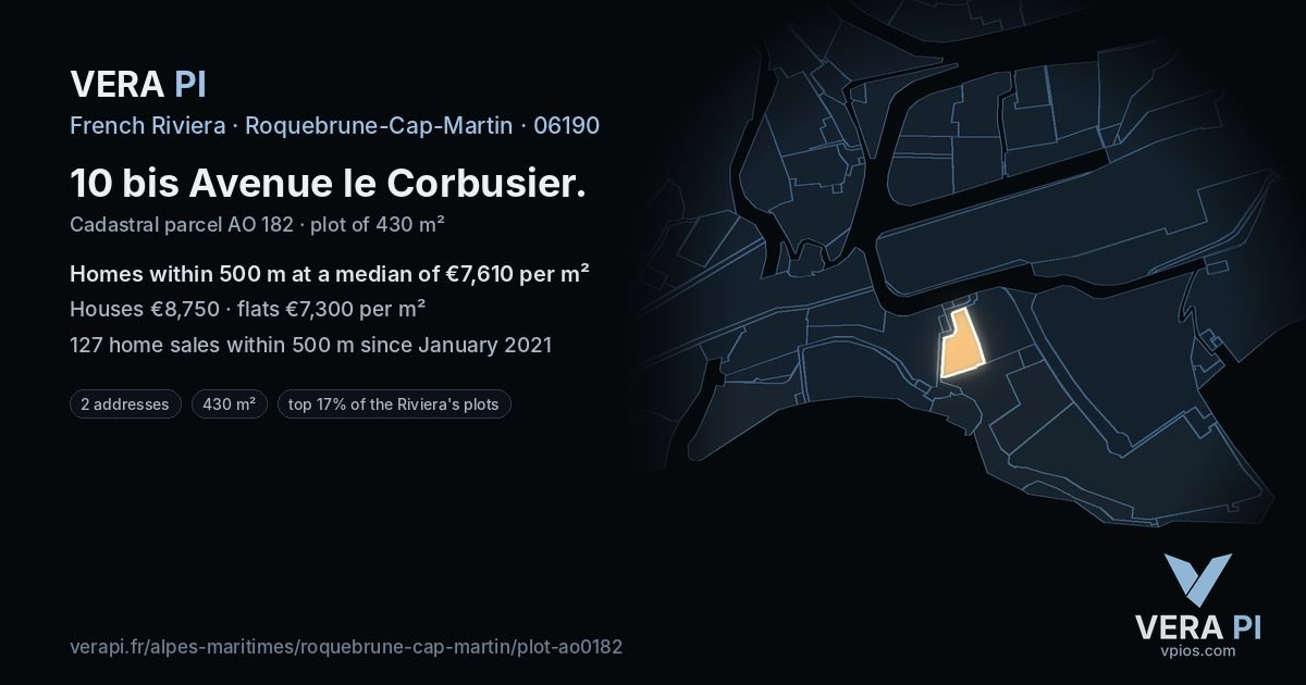 10 bis Avenue le Corbusier, Roquebrune-Cap-Martin at night – the plot lit, the parcels around coloured by the prices near them
