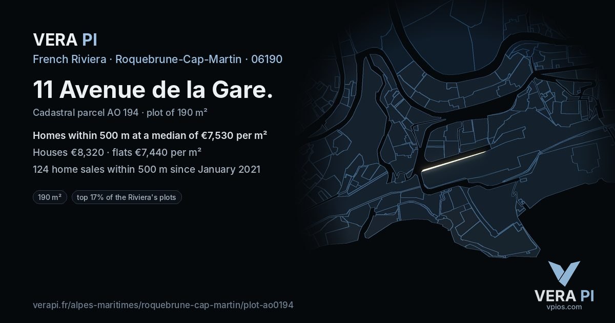 11 Avenue de la Gare, Roquebrune-Cap-Martin at night – the plot lit, the parcels around coloured by the prices near them