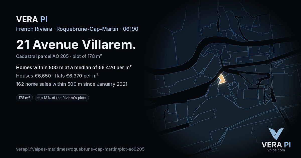21 Avenue Villarem, Roquebrune-Cap-Martin at night – the plot lit, the parcels around coloured by the prices near them