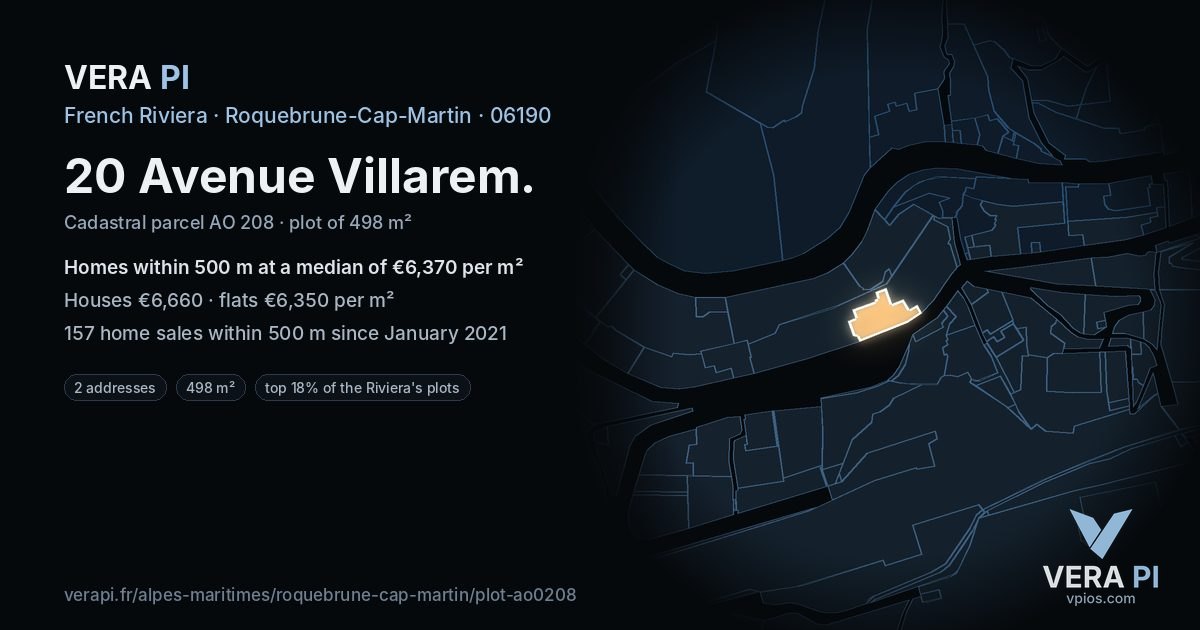 20 Avenue Villarem, Roquebrune-Cap-Martin at night – the plot lit, the parcels around coloured by the prices near them