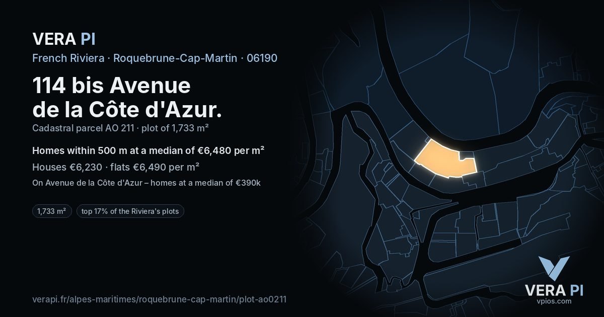 114 bis Avenue de la Côte d'Azur, Roquebrune-Cap-Martin at night – the plot lit, the parcels around coloured by the prices near them