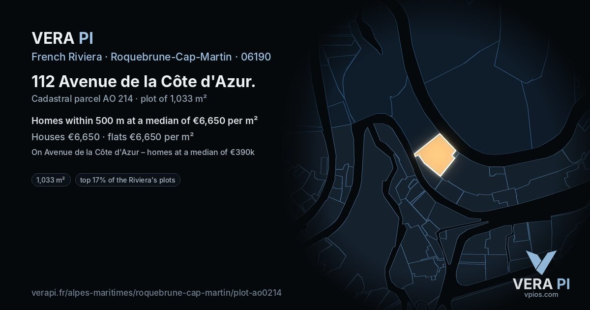 112 Avenue de la Côte d'Azur, Roquebrune-Cap-Martin at night – the plot lit, the parcels around coloured by the prices near them