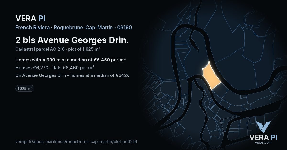 2 bis Avenue Georges Drin, Roquebrune-Cap-Martin at night – the plot lit, the parcels around coloured by the prices near them