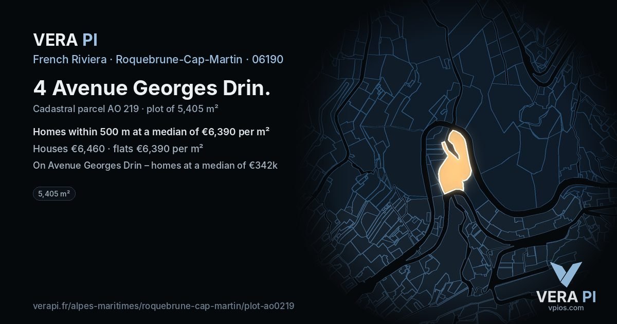 4 Avenue Georges Drin, Roquebrune-Cap-Martin at night – the plot lit, the parcels around coloured by the prices near them