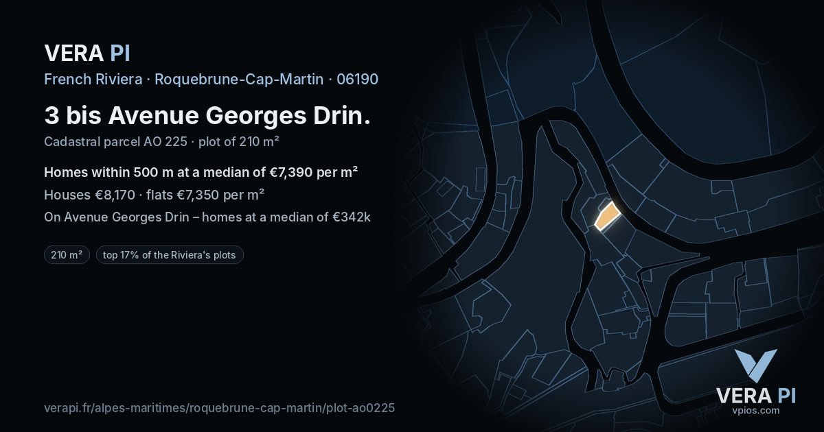 3 bis Avenue Georges Drin, Roquebrune-Cap-Martin at night – the plot lit, the parcels around coloured by the prices near them