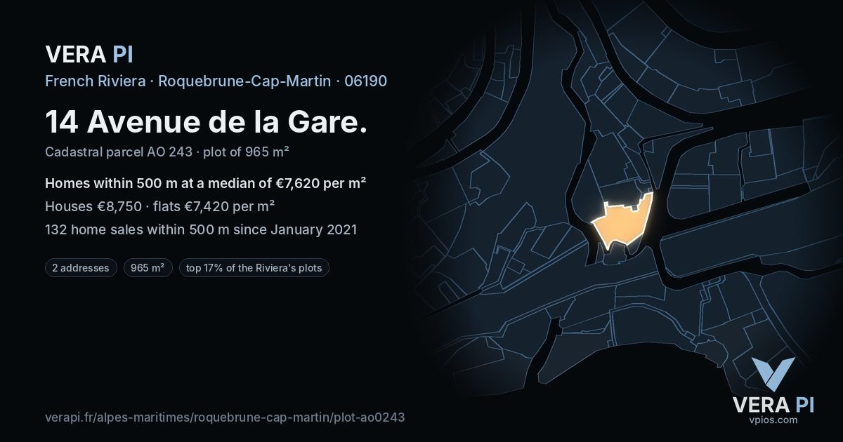 14 Avenue de la Gare, Roquebrune-Cap-Martin at night – the plot lit, the parcels around coloured by the prices near them