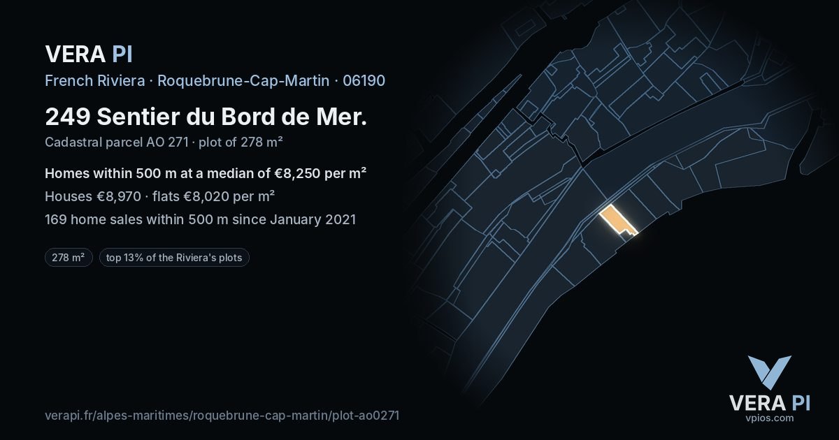 249 Sentier du Bord de Mer, Roquebrune-Cap-Martin at night – the plot lit, the parcels around coloured by the prices near them