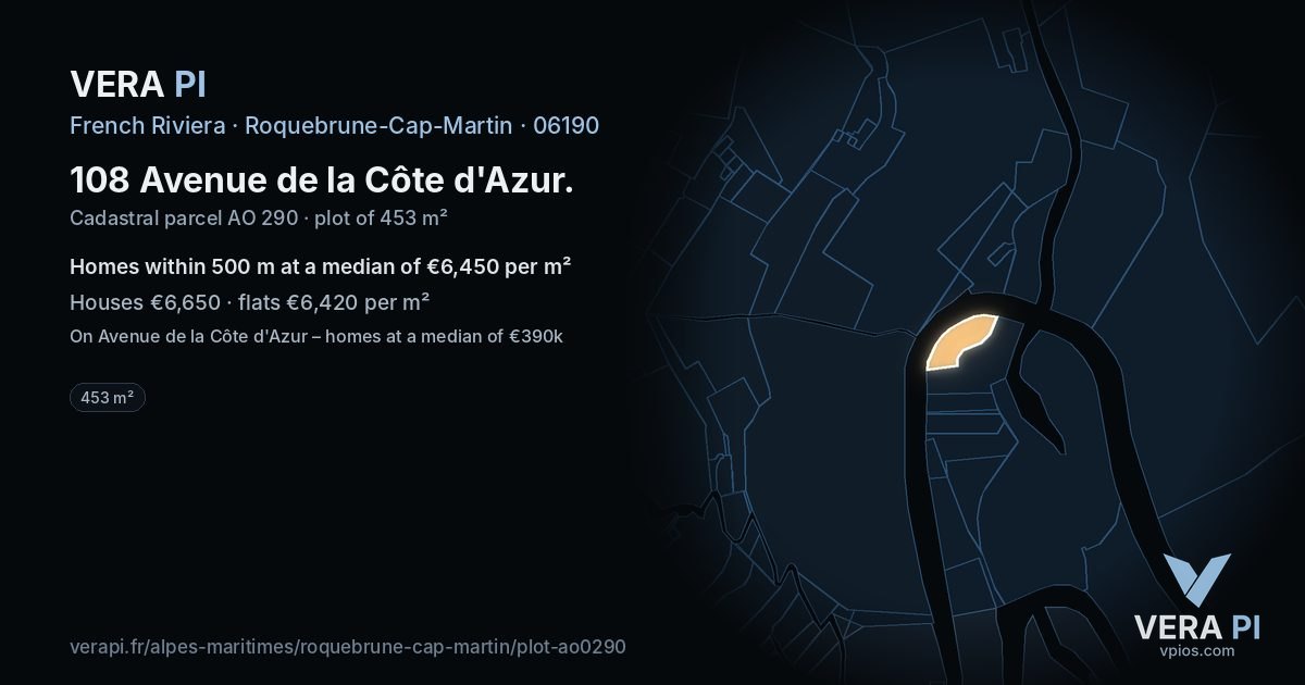 108 Avenue de la Côte d'Azur, Roquebrune-Cap-Martin at night – the plot lit, the parcels around coloured by the prices near them