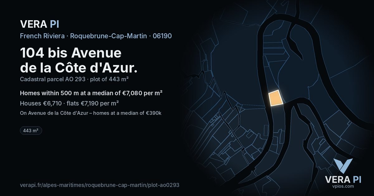 104 bis Avenue de la Côte d'Azur, Roquebrune-Cap-Martin at night – the plot lit, the parcels around coloured by the prices near them