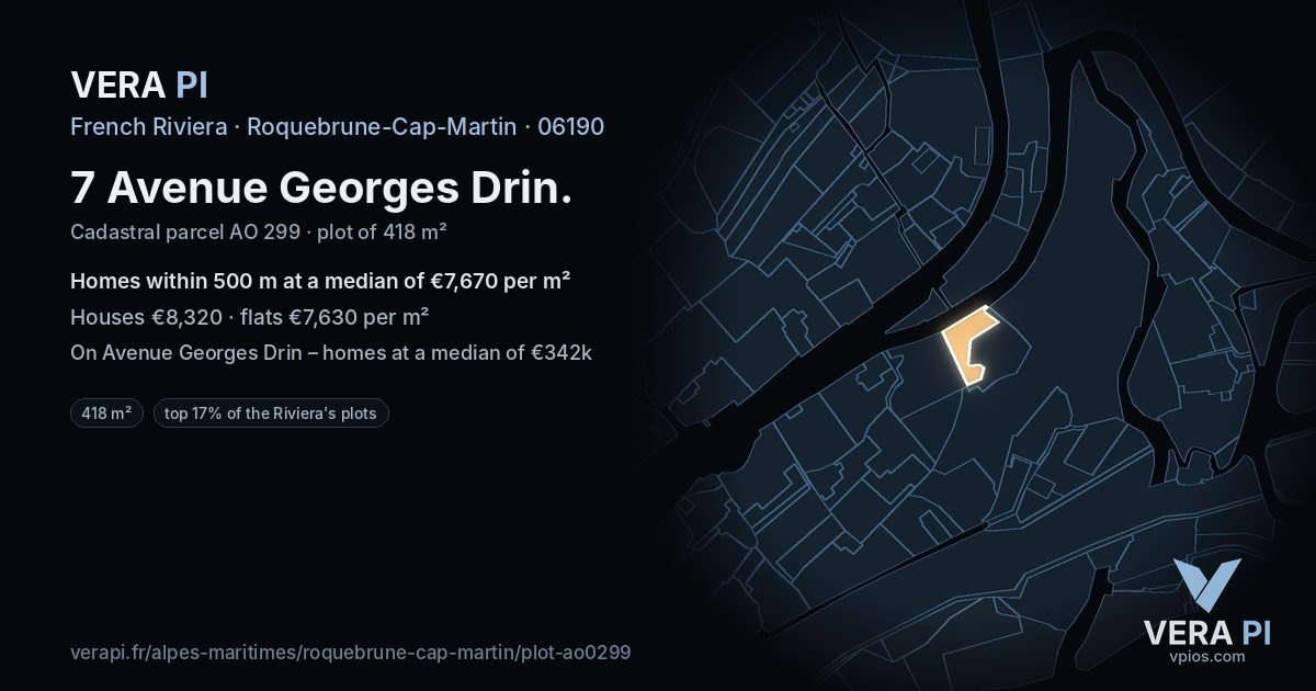 7 Avenue Georges Drin, Roquebrune-Cap-Martin at night – the plot lit, the parcels around coloured by the prices near them