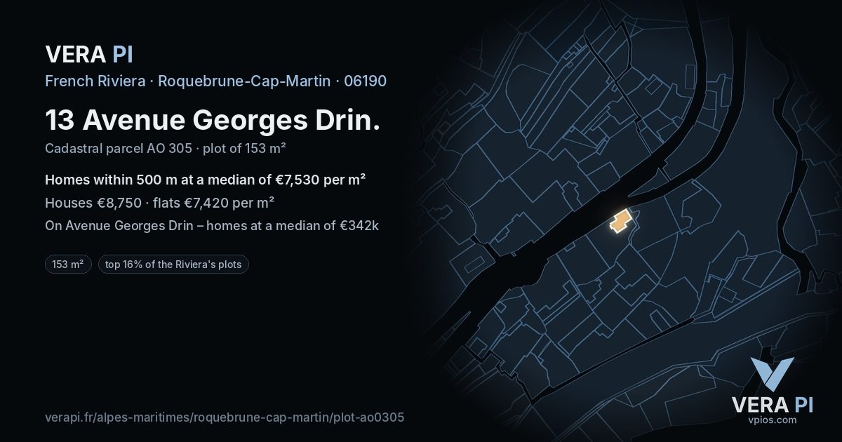13 Avenue Georges Drin, Roquebrune-Cap-Martin at night – the plot lit, the parcels around coloured by the prices near them
