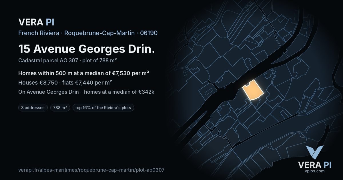 15 Avenue Georges Drin, Roquebrune-Cap-Martin at night – the plot lit, the parcels around coloured by the prices near them