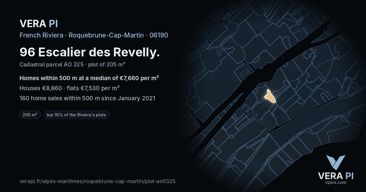 96 Escalier des Revelly, Roquebrune-Cap-Martin at night – the plot lit, the parcels around coloured by the prices near them