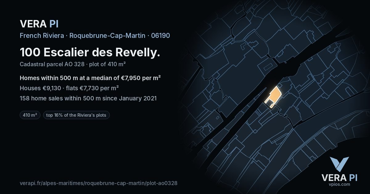 100 Escalier des Revelly, Roquebrune-Cap-Martin at night – the plot lit, the parcels around coloured by the prices near them
