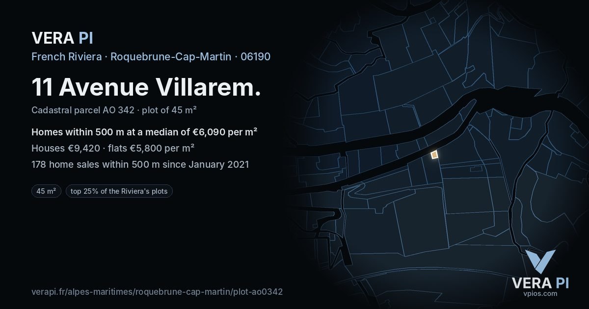 11 Avenue Villarem, Roquebrune-Cap-Martin at night – the plot lit, the parcels around coloured by the prices near them