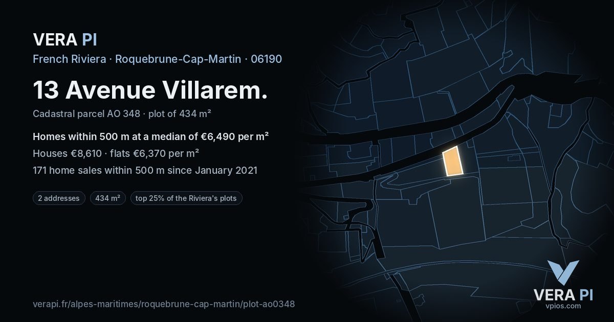 13 Avenue Villarem, Roquebrune-Cap-Martin at night – the plot lit, the parcels around coloured by the prices near them