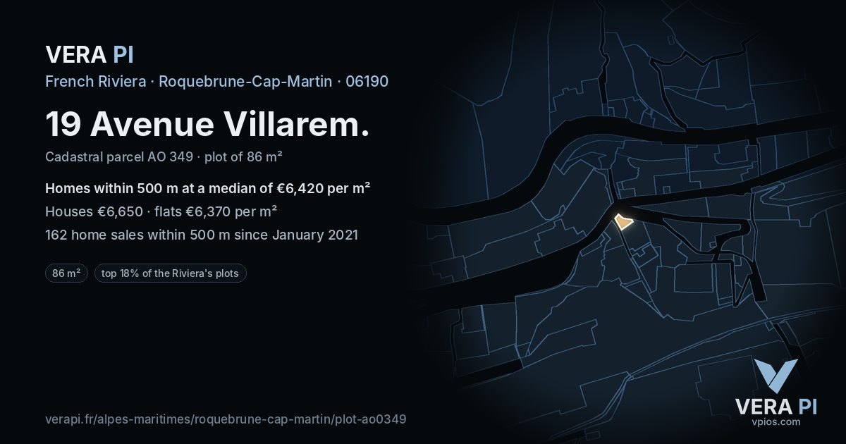 19 Avenue Villarem, Roquebrune-Cap-Martin at night – the plot lit, the parcels around coloured by the prices near them