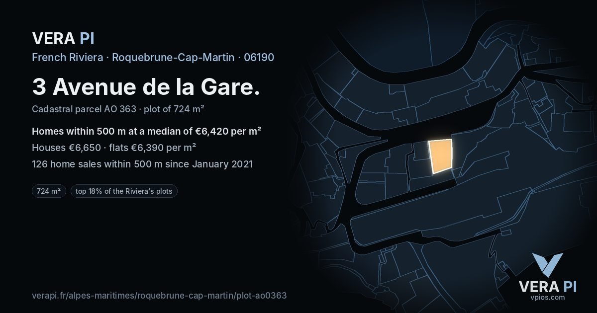 3 Avenue de la Gare, Roquebrune-Cap-Martin at night – the plot lit, the parcels around coloured by the prices near them
