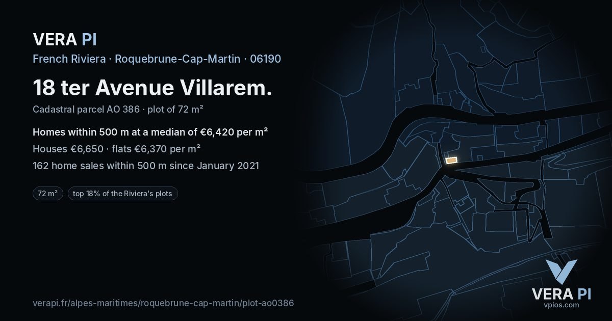 18 ter Avenue Villarem, Roquebrune-Cap-Martin at night – the plot lit, the parcels around coloured by the prices near them