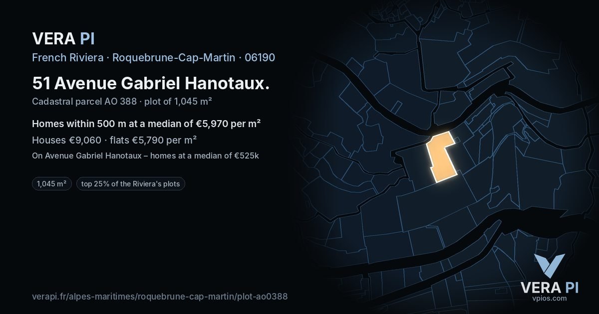 51 Avenue Gabriel Hanotaux, Roquebrune-Cap-Martin at night – the plot lit, the parcels around coloured by the prices near them