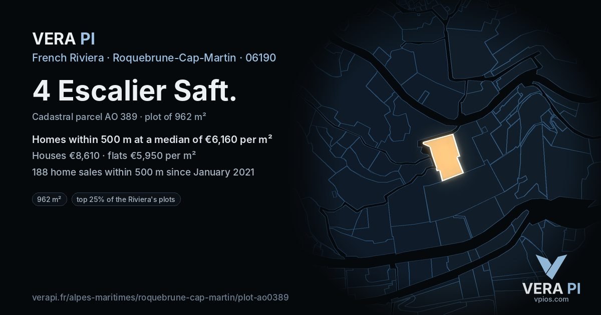 4 Escalier Saft, Roquebrune-Cap-Martin at night – the plot lit, the parcels around coloured by the prices near them