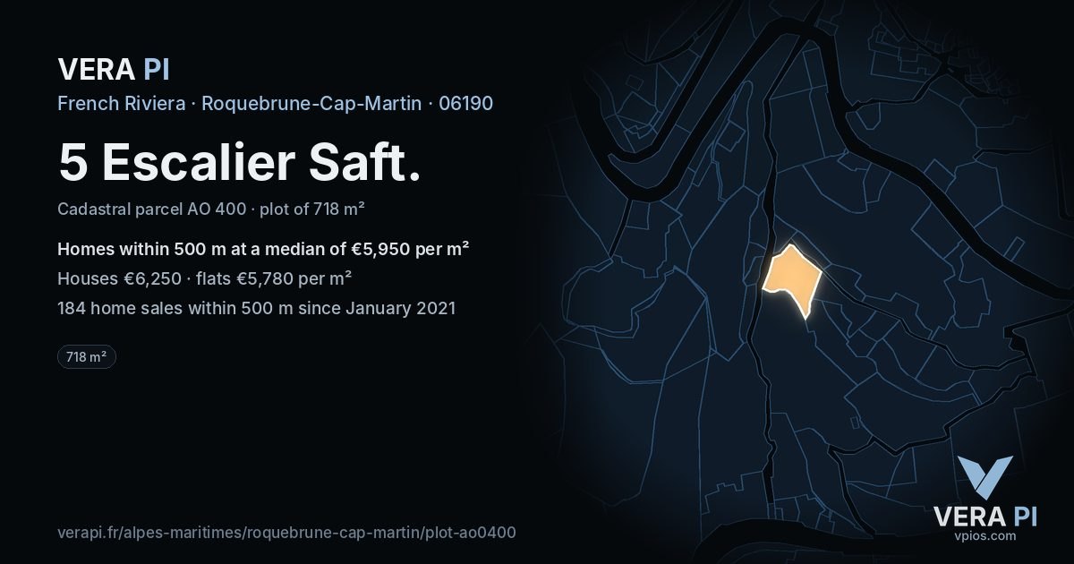 5 Escalier Saft, Roquebrune-Cap-Martin at night – the plot lit, the parcels around coloured by the prices near them