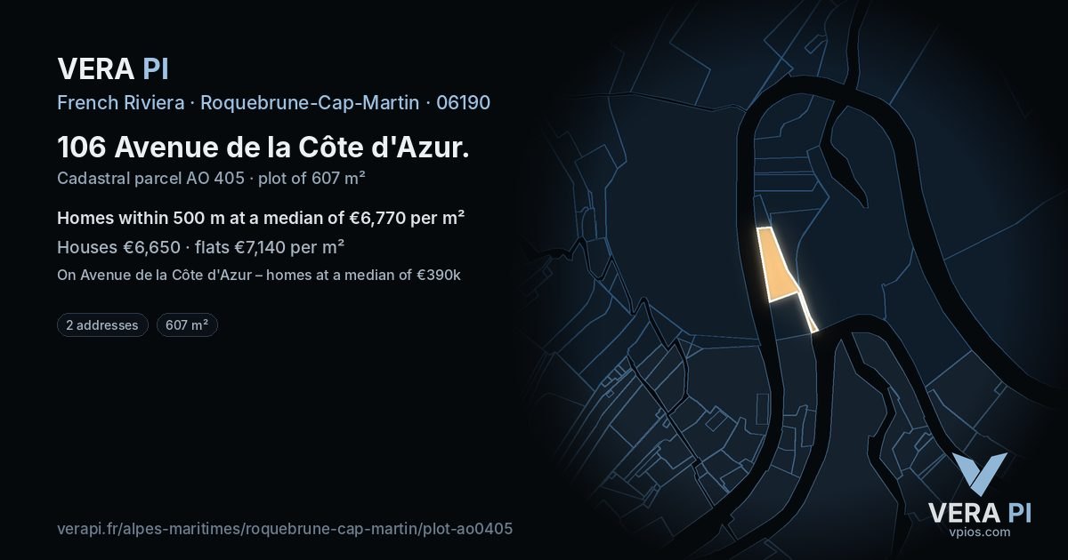 106 Avenue de la Côte d'Azur, Roquebrune-Cap-Martin at night – the plot lit, the parcels around coloured by the prices near them