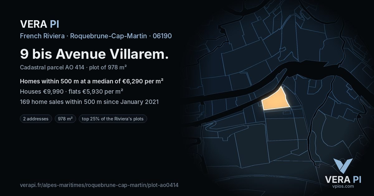 9 bis Avenue Villarem, Roquebrune-Cap-Martin at night – the plot lit, the parcels around coloured by the prices near them