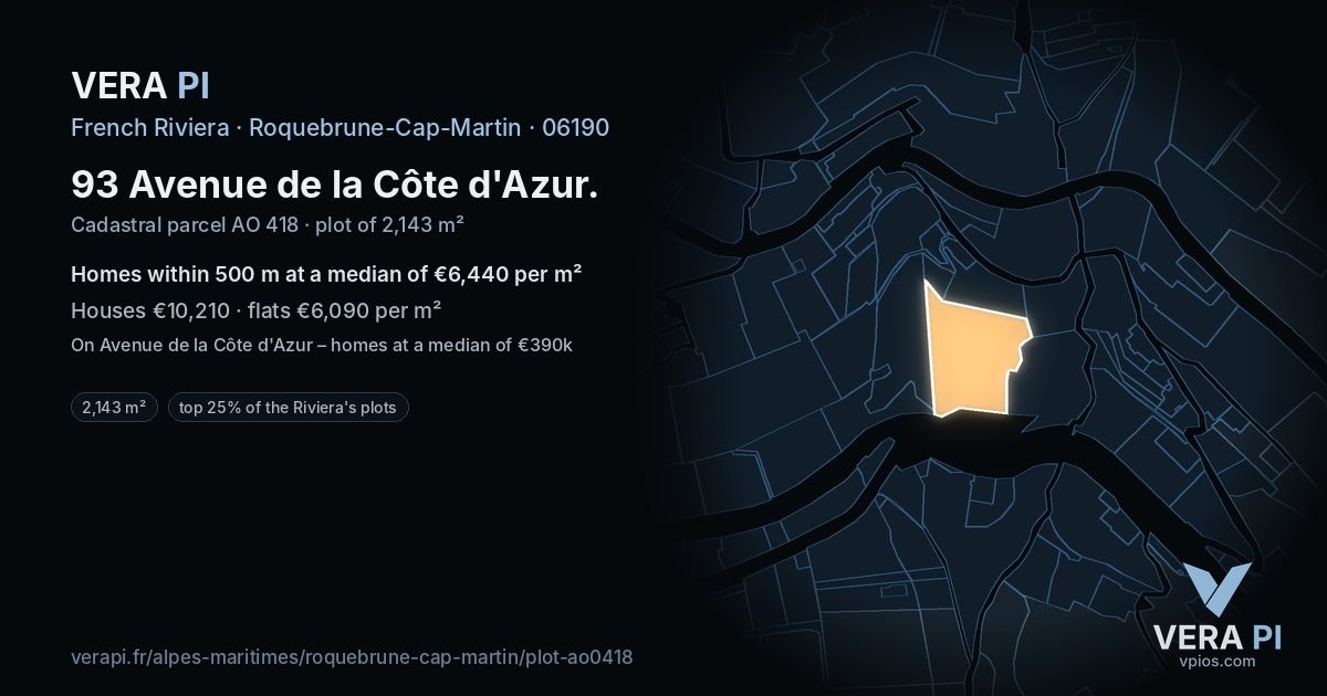 93 Avenue de la Côte d'Azur, Roquebrune-Cap-Martin at night – the plot lit, the parcels around coloured by the prices near them