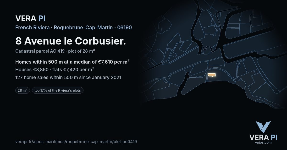 8 Avenue le Corbusier, Roquebrune-Cap-Martin at night – the plot lit, the parcels around coloured by the prices near them