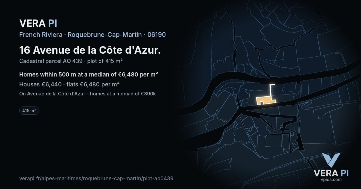 16 Avenue de la Côte d'Azur, Roquebrune-Cap-Martin at night – the plot lit, the parcels around coloured by the prices near them